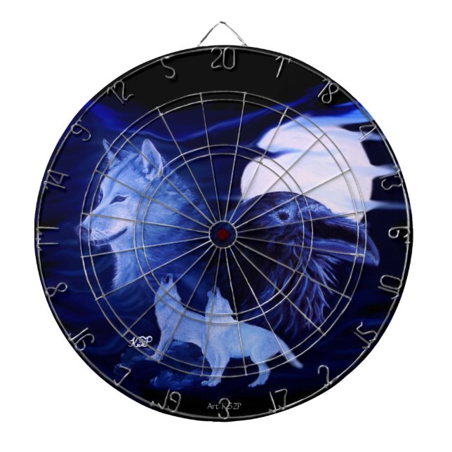 Wolf and Raven with full moon Dartboard With Darts (Front)