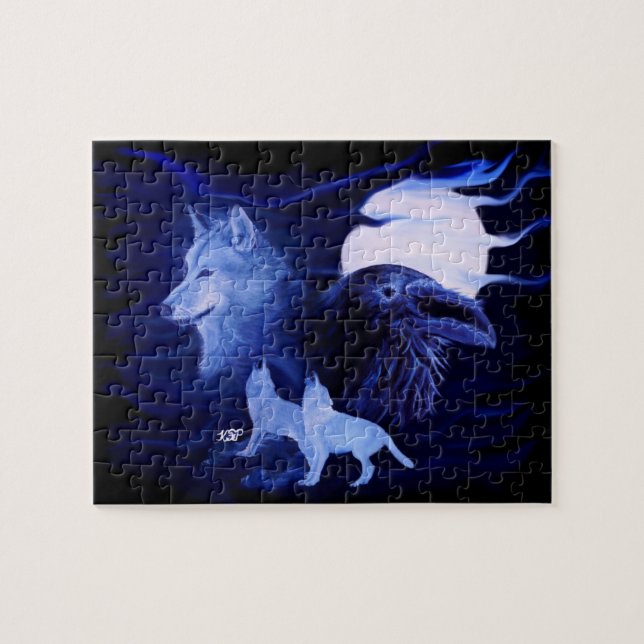 Wolf and Raven with full moon Jigsaw Puzzle (Horizontal)