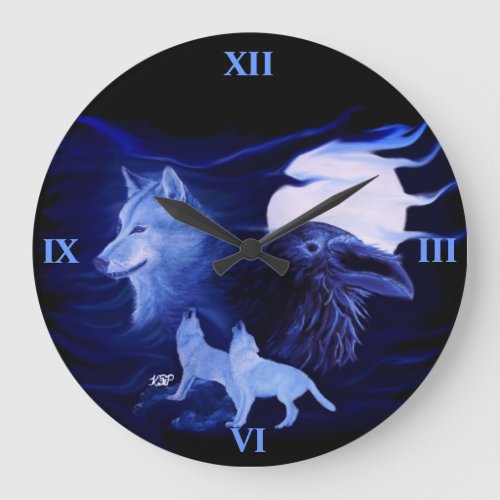 Wolf and Raven with full moon Large Clock