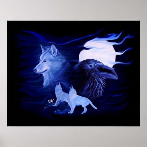 Wolf and Raven with full moon Poster