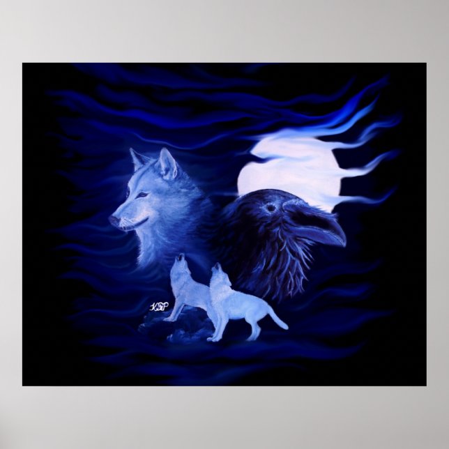 Wolf and Raven with full moon Poster (Front)