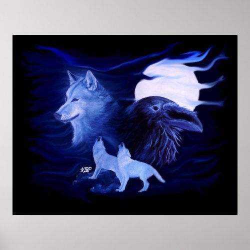 Wolf and Raven with full moon Poster