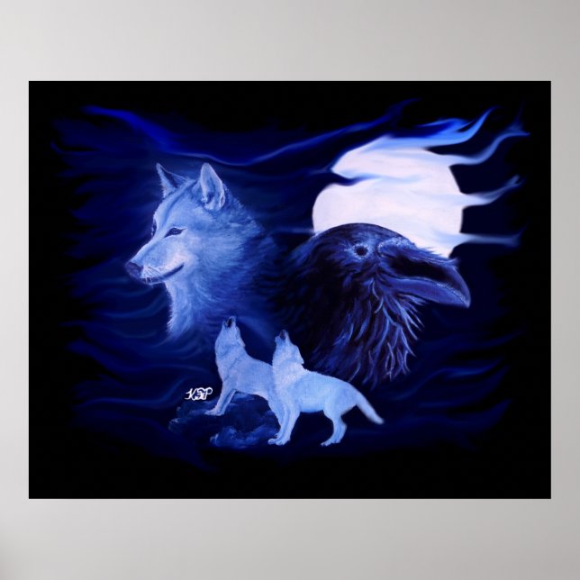 Wolf and Raven with full moon Poster (Front)