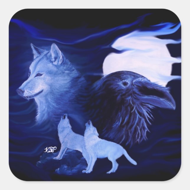 Wolf and Raven with full moon Square Sticker (Front)