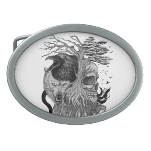 Wolf and Raven with Skull Belt Buckle