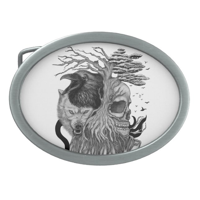 Wolf and Raven with Skull Belt Buckle (Front)