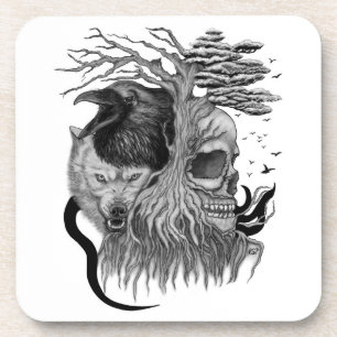 Wolf and Raven with Skull Beverage Coaster