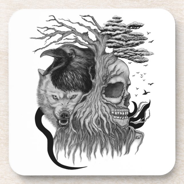Wolf and Raven with Skull Beverage Coaster (Front)