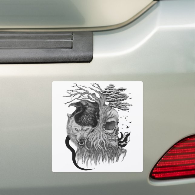 Wolf and Raven with Skull Car Magnet (In Situ)