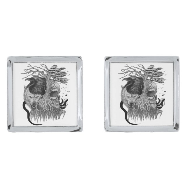 Wolf and Raven with Skull Cufflinks (Front)