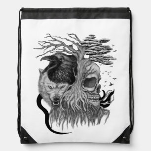 Wolf and Raven with Skull Drawstring Bag