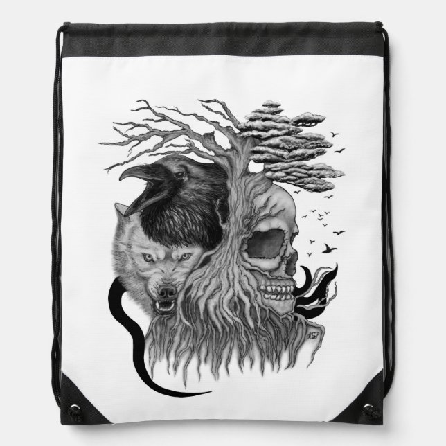 Wolf and Raven with Skull Drawstring Bag (Front)
