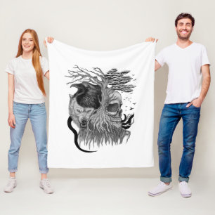 Wolf and Raven with Skull Fleece Blanket