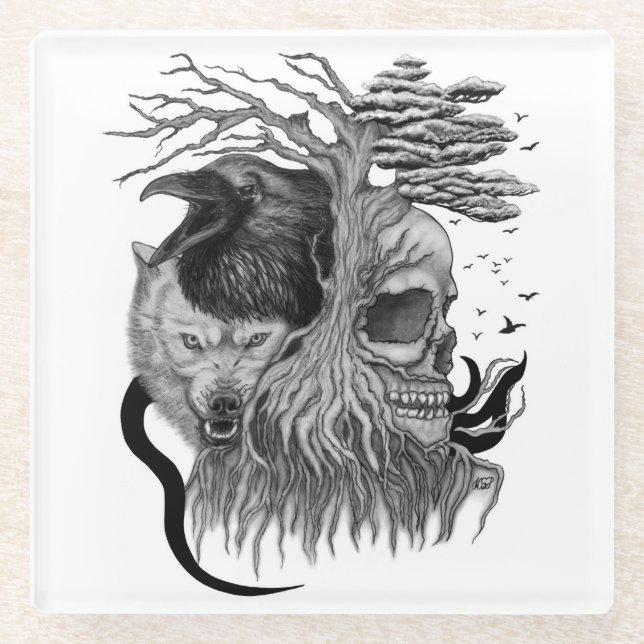 Wolf and Raven with Skull Glass Coaster (Front)