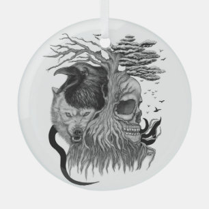 Wolf and Raven with Skull Glass Ornament