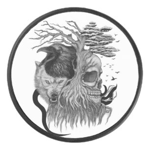 Wolf and Raven with Skull Hockey Puck