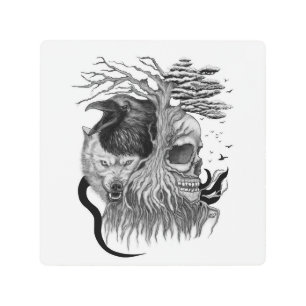 Wolf and Raven with Skull Metal Print