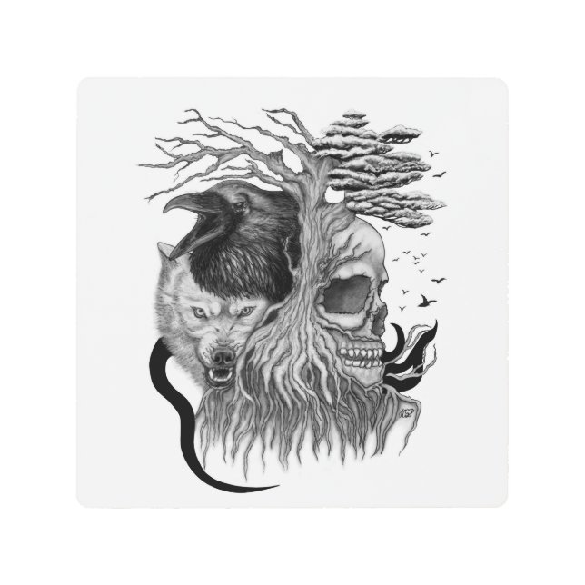 Wolf and Raven with Skull Metal Print (Front)