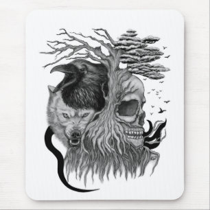 Wolf and Raven with Skull Mouse Pad