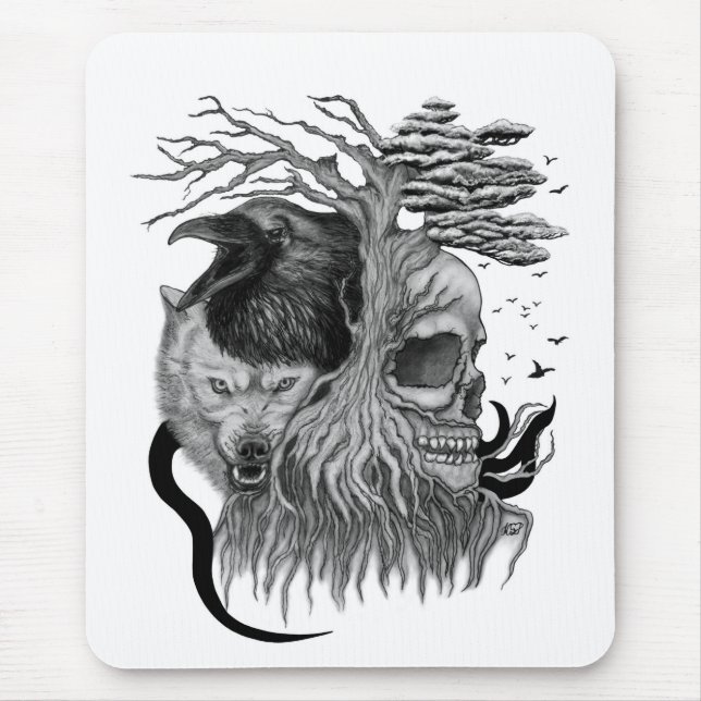 Wolf and Raven with Skull Mouse Pad (Front)