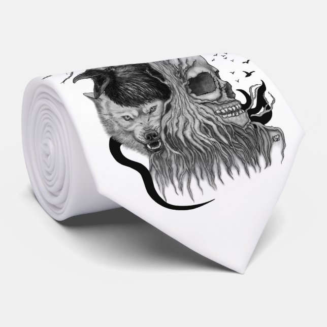 Wolf and Raven with Skull Neck Tie (Rolled)