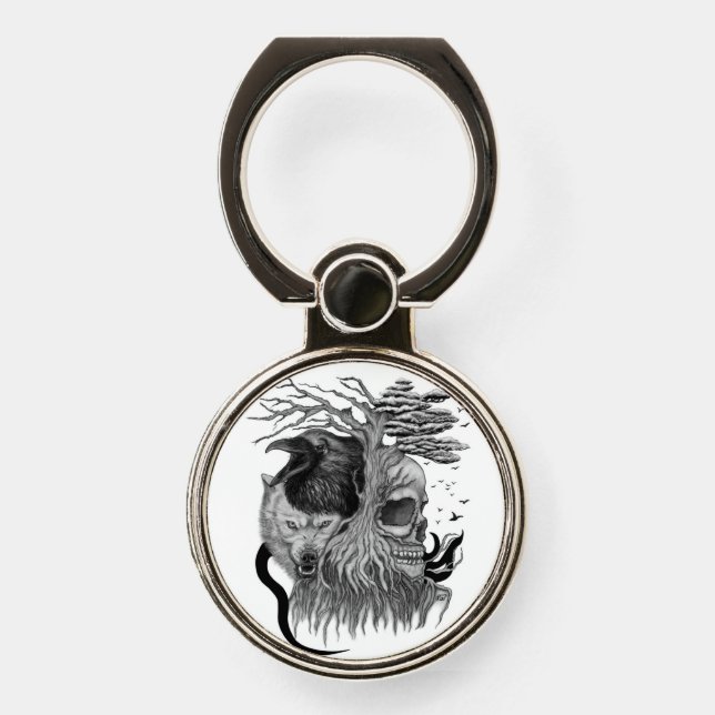 Wolf and Raven with Skull Phone Ring Stand (Front)