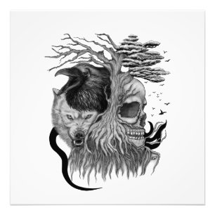 Wolf and Raven with Skull Photo Print