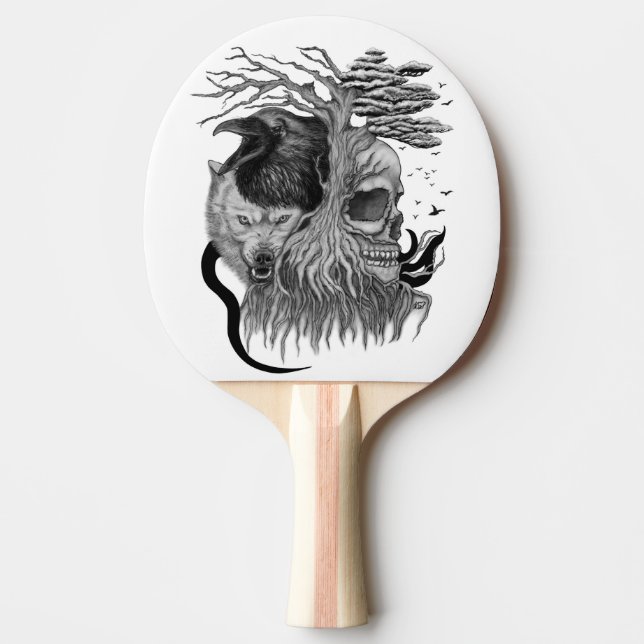 Wolf and Raven with Skull Ping Pong Paddle (Front)