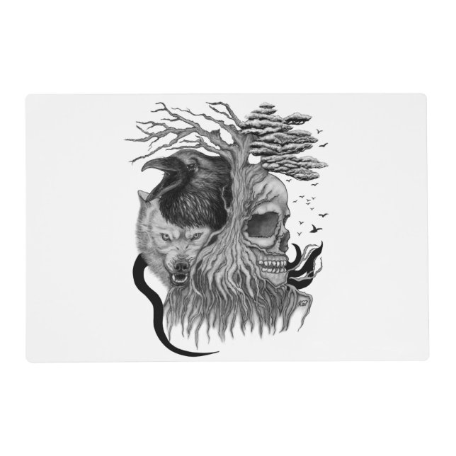 Wolf and Raven with Skull Placemat (Front)