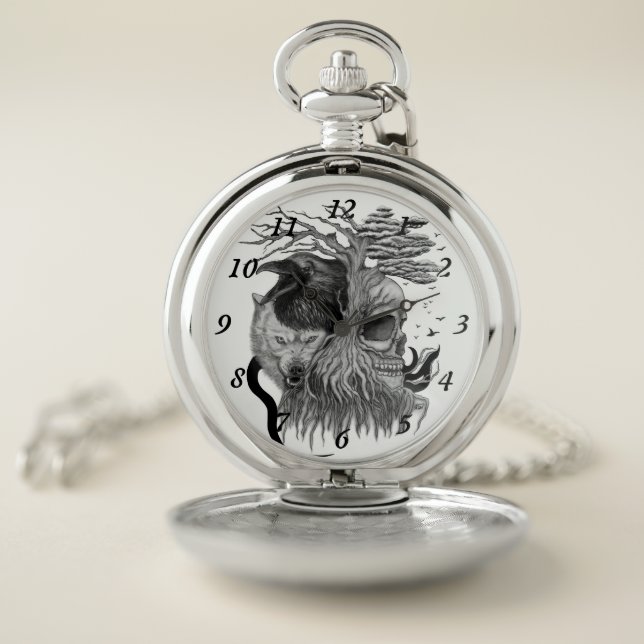 Wolf and Raven with Skull Pocket Watch (Inside)
