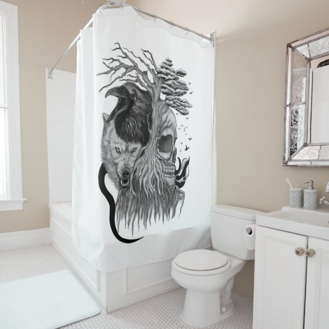 Wolf and Raven with Skull Shower Curtain (In Situ)