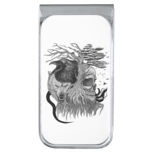 Wolf and Raven with Skull Silver Finish Money Clip