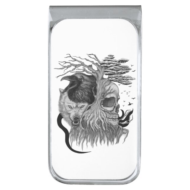 Wolf and Raven with Skull Silver Finish Money Clip (Front Vertical)