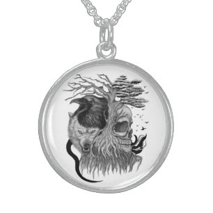 Wolf and Raven with Skull Sterling Silver Necklace