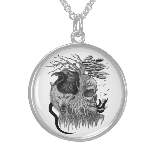 Wolf and Raven with Skull Sterling Silver Necklace (Front)