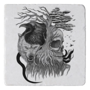 Wolf and Raven with Skull Trivet