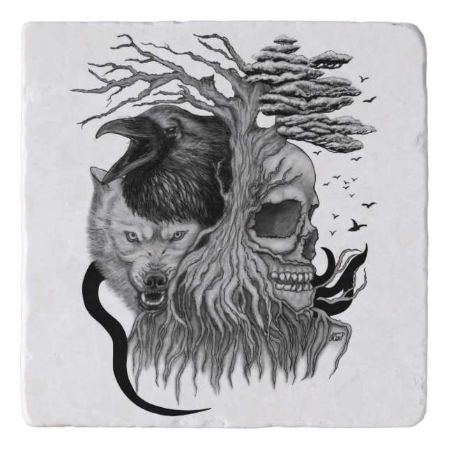 Wolf and Raven with Skull Trivet (Front)
