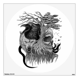Wolf and Raven with Skull Wall Decal