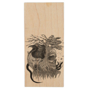 Wolf and Raven with Skull Wood Flash Drive