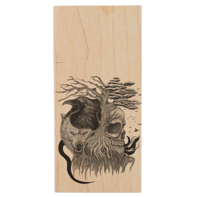 Wolf and Raven with Skull Wood Flash Drive (Front Vertical)