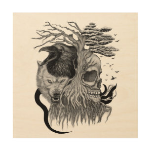 Wolf and Raven with Skull Wood Wall Art