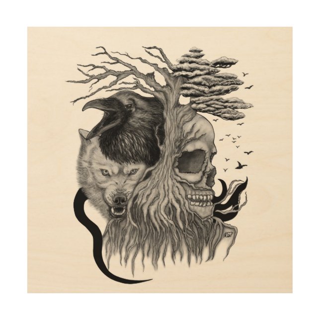 Wolf and Raven with Skull Wood Wall Art (Front)
