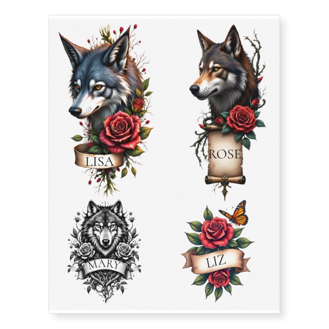Wolf and roses  temporary tattoos (Front)
