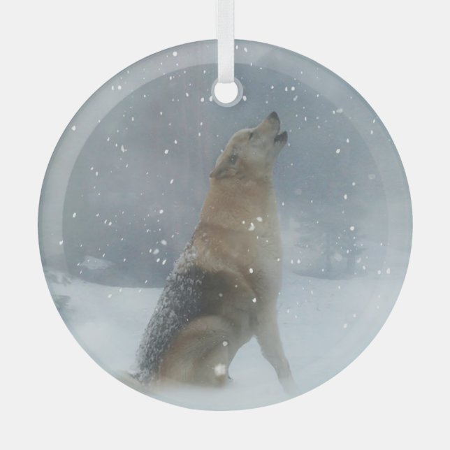 Wolf and Snow Christmas Holiday Glass Ornament (Front)