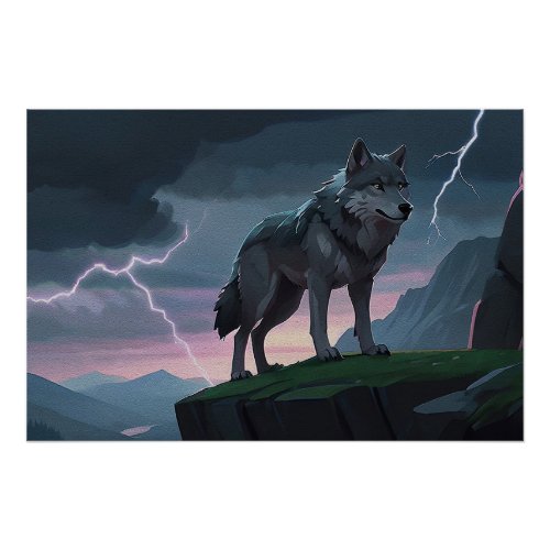 Wolf and Stormy Mountain Art Poster