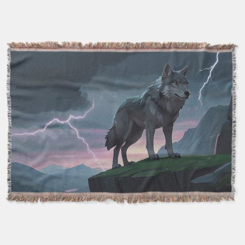 Wolf and Stormy Mountain Art Throw Blanket