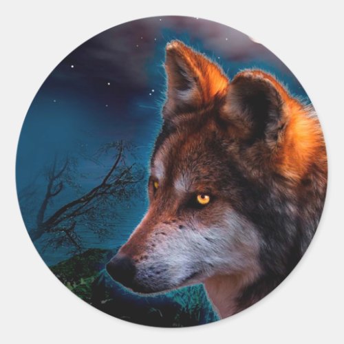 Wolf and the moon at midnigt classic round sticker