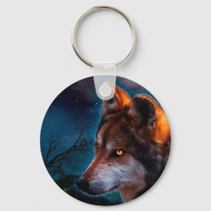 Wolf and the moon at midnigt keychain