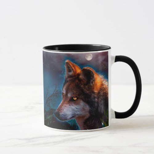 Wolf and the moon at midnigt mug