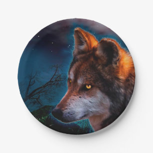 Wolf and the moon at midnigt paper plates